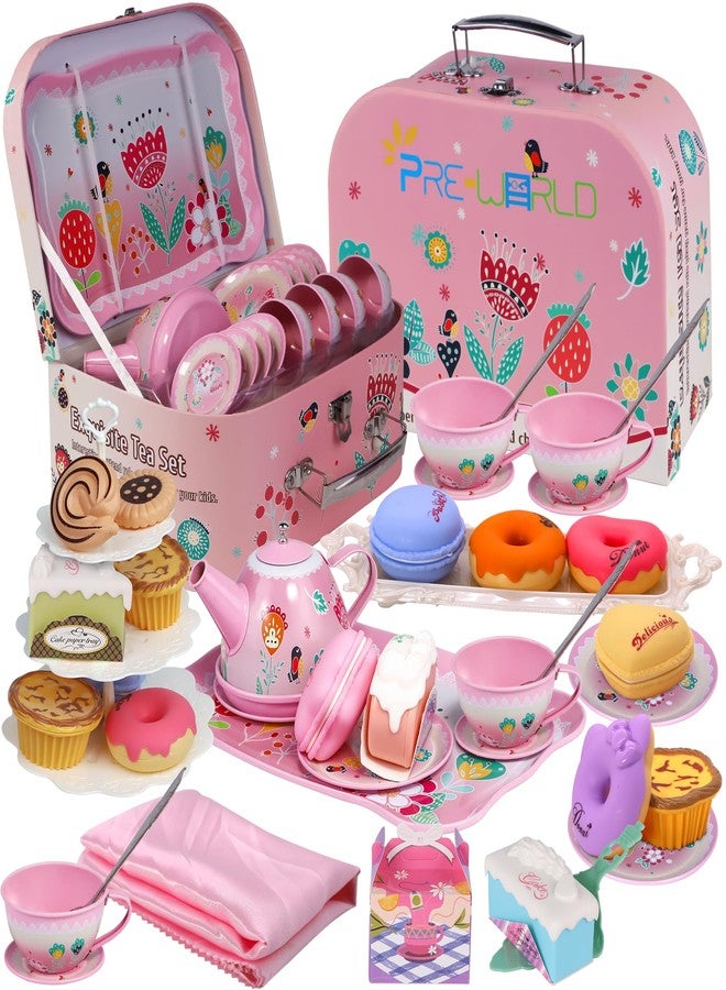 PRE-WORLD Tea Party Set for Little Girls,PRE-WORLD Princess Tea Time Toy Including Dessert,Cookies,Doughnut,Teapot Tray Cake, Tablecloth & Carrying Case,Kids Kitchen Pretend Play for Girls Boys Age 3-6 - Image 1